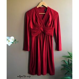 Deep Red Knotted Waist V-Neck Long Sleeve Dress